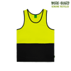 A bright yellow and black hi-vis singlet with a logo, designed for workwear use.