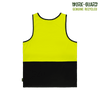 A bright yellow and black recycled hi-vis singlet with a logo. Suitable for workwear.