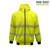 A bright yellow zipped hoodie featuring reflective stripes and a pocket, designed for visibility and safety.