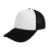 A black and white foam trucker cap with a curved peak and mesh sides, featuring a logo on the front.