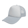 A light grey trucker cap with a curved peak and mesh detailing at the back, featuring a logo.