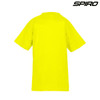 A bright yellow youth performance T-shirt with short sleeves, featuring a logo.