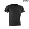 A black adult T-shirt with short sleeves and a round neckline, featuring a logo on the upper side.