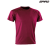 A maroon adult performance t-shirt with short sleeves and a crew neckline. It features a logo.