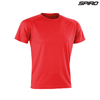 A red short-sleeved t-shirt with a logo, designed for adult performance and comfort.