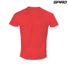 A red performance T-shirt featuring a logo, designed for adult wear, with a short-sleeve and sporty fit.