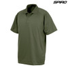 A green polo shirt featuring a collar, short sleeves, and has a logo on it.