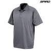 A grey polo shirt featuring a classic collar and a logo, designed for performance and comfort.