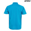 A blue performance polo shirt featuring a collar and short sleeves, with a logo on the upper right.