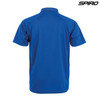 A blue polo shirt with a collared neck and short sleeves, featuring a logo on the upper corner.