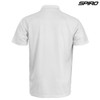 A white polo shirt with a classic collar and short sleeves, featuring a logo on the upper right.