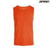An orange singlet featuring a round neck design and a logo at the top right corner.