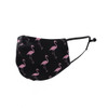 A black face mask with a pink flamingo pattern and adjustable ear straps.