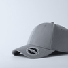 A grey recycled polyester cap with a textured surface and a branded logo on the side.