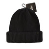 A black Fisherman’s Beanie with a ribbed design and a hang tag. Features a small logo on the side.