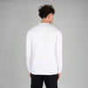 A white long sleeve adult tee with a plain back, featuring a logo at the neck area.