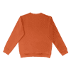 An orange crewneck jumper with a plain back and fitted cuffs. It features a logo at the neckline.