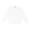 A white crewneck sweater with long sleeves and a simple design, featuring a logo on the label.