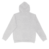 A grey hoodie with a drawstring hood and a kangaroo pocket at the front. The back is plain and features a logo.