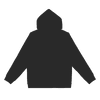 A black hoodie with a spacious hood and long sleeves. It features a logo.