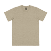 A light beige adult T-shirt with short sleeves and a logo on the label.