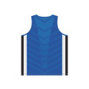 A blue athletics singlet featuring a chevron design, with black and white stripes on the sides and a logo.