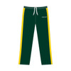 Sporty green trousers with yellow side stripes and an elastic waistband. Includes a logo on the front.