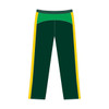 Cricket pants trousers in dark green with yellow and green side panels, featuring an elastic waistband and logo.