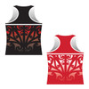 A reversible racerback singlet featuring a black and red design with decorative patterns. It has a logo on the fabric.