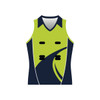 A sleeveless netball singlet in bright green and navy blue with a logo on the front.
