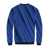 A blue sweatshirt with a diagonal striped pattern. It features a round neckline and long sleeves.