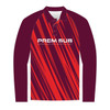 A long sleeve raglan polo shirt in maroon and red with bold diagonal stripes and a branding logo.