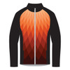 A full zip track jacket featuring an orange and black geometric pattern with a logo on the front.
