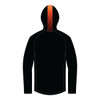 A black half-zip rain jacket featuring a vibrant orange and red patterned hood, with a logo on the front.