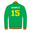 A green varsity jacket featuring a yellow striped collar and a large yellow number "15" on the back.