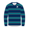 A rugby jacket shell featuring horizontal stripes in navy blue, teal, and red with a logo on the chest.