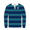 A long-sleeve rugby jersey featuring navy and teal stripes with a white collar and a logo on the chest.