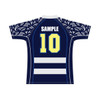 A navy rugby jersey with patterned sleeves, featuring a rear number '10' and a logo.