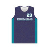 A sleeveless volleyball jersey in navy with a geometric pattern and teal accents. Features a logo and number 23.