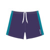 Volleyball shorts in navy blue with teal side panels and a drawstring waistband, featuring a logo.