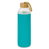 A drink bottle featuring a clear glass body with a bamboo lid and a turquoise neoprene sleeve.