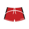 Red sports shorts featuring black accents and a drawstring, with a branding logo on the side.