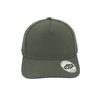 A green trucker cap featuring a structured five-panel design and a logo on the side.