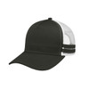 A striped trucker cap in black and white with a mesh back and a curved visor. Features a logo on the front.