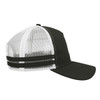 A striped trucker cap in black and white, featuring a mesh back and a logo on the front.