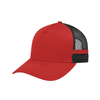 A red striped trucker cap with black mesh panels and a curved brim. Features a logo on the side.