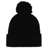 A black cuffed knitted beanie featuring a fluffy pom pom on top and a fold-over cuff.