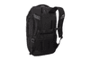A black backpack with multiple compartments, padded straps, and a logo on the front.