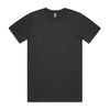 A black t-shirt with a crew neck and short sleeves, featuring a logo on the label.