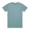 A light teal T-shirt with a crew neck and short sleeves. It features a tag on the neckline.